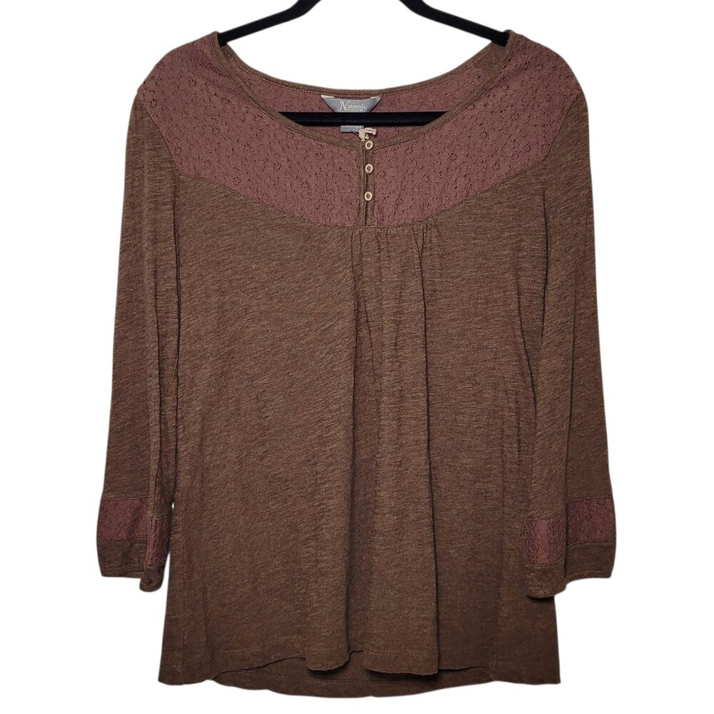 Natural Reflections Lace Trim Henley Blouse Womens Medium Brown Cottagecore Boho
